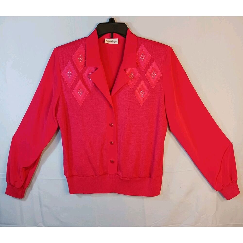 VTG Philippe Marques Sweater Size 10 Hot Pink Gemstone Collared Button Up L/S